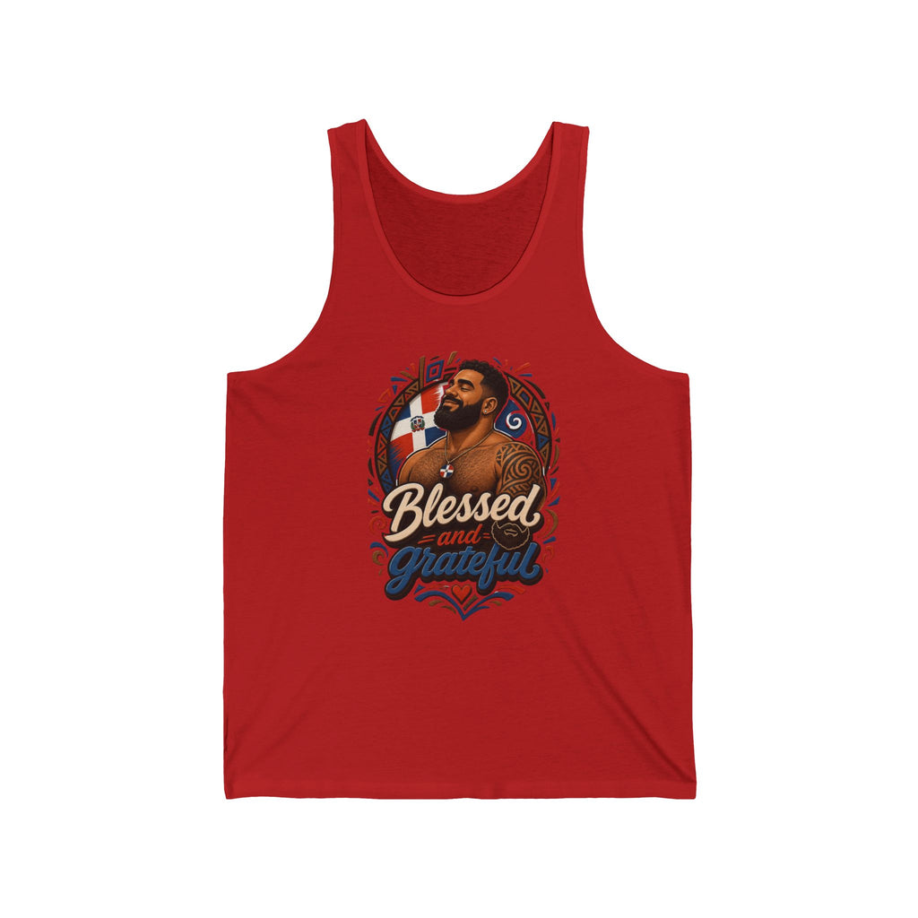 Red tank top with chest graphic of a man and text "Blessed and Grateful".
