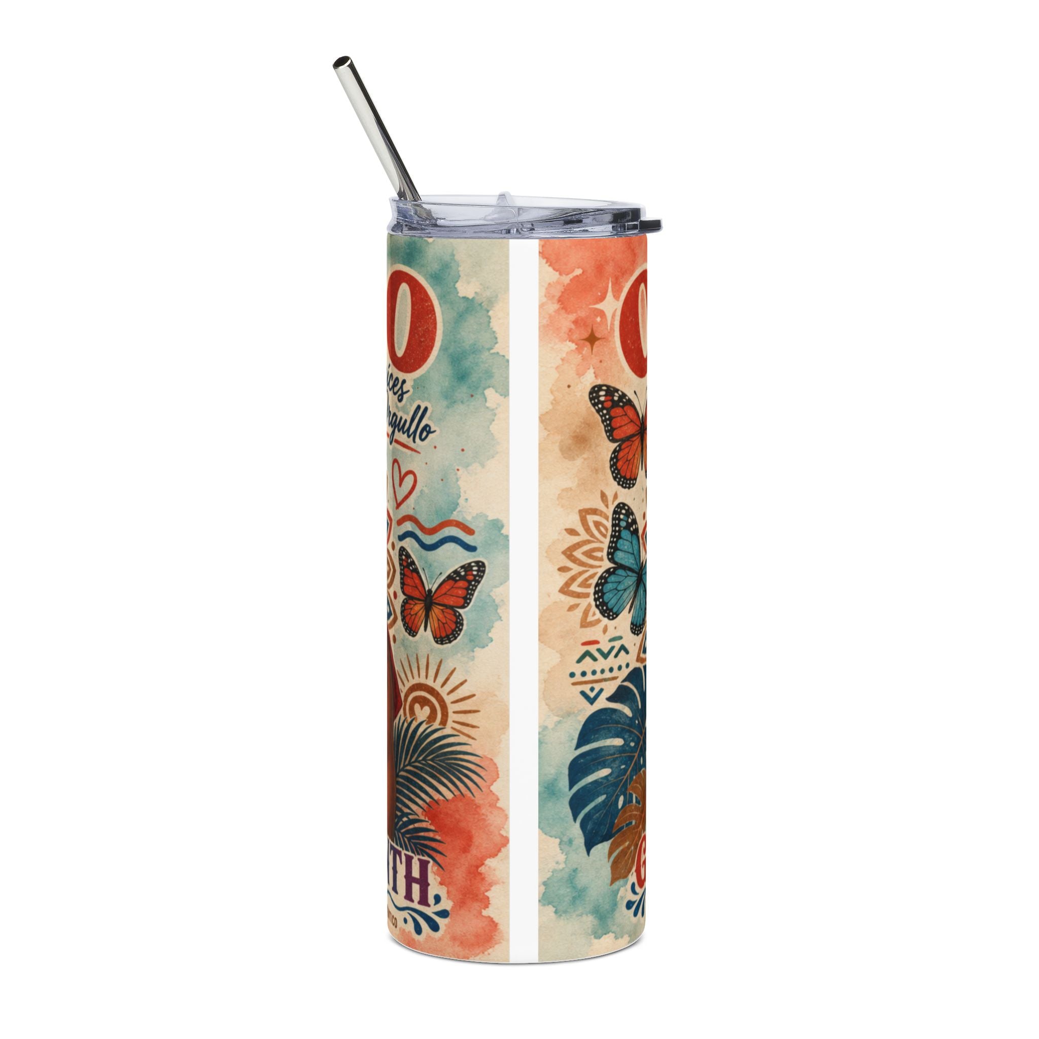 Tall tumbler with butterflies and tropical leaves design, featuring "0" and "TH" text.