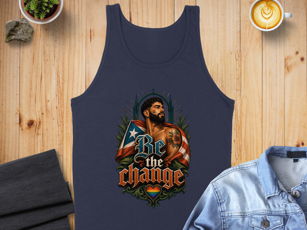Navy blue tank top with a Pride flag-themed chest graphic featuring a man.