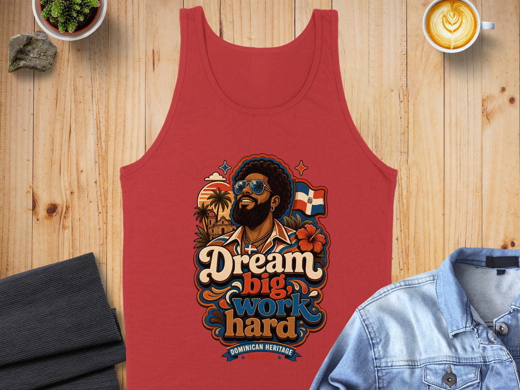 Red tank top with "Dream Big, Work Hard" slogan and Dominican Republic flag illustration.
