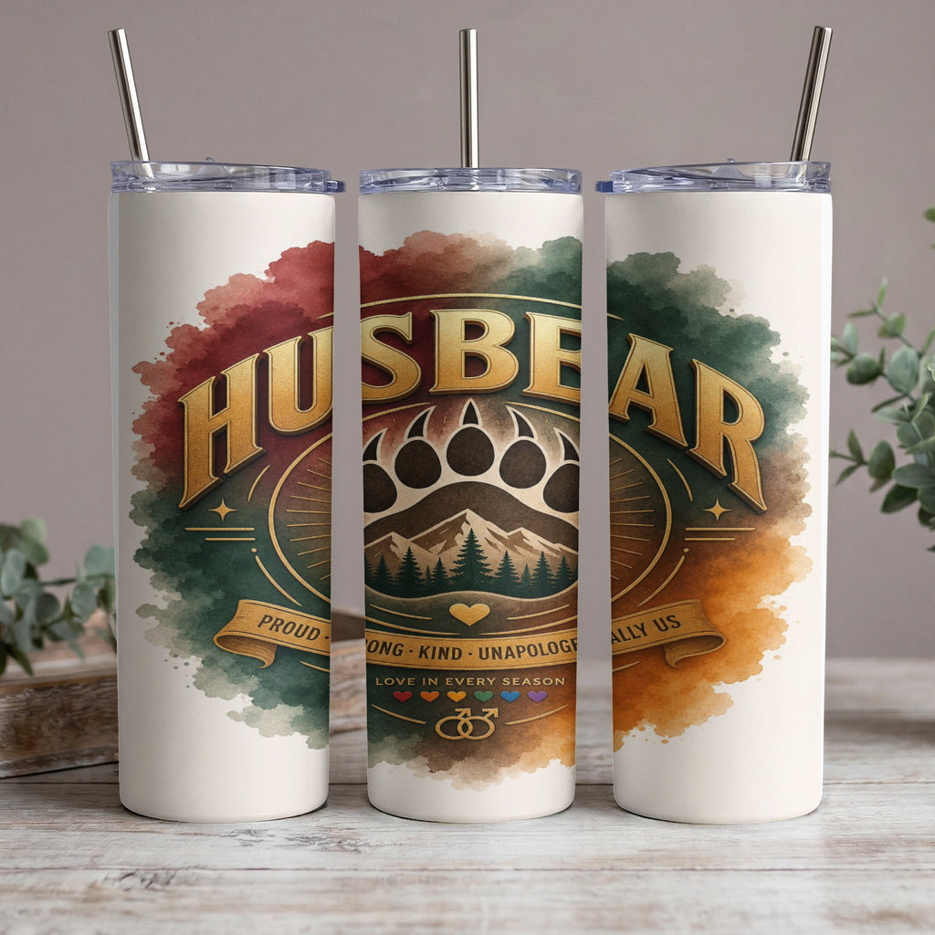 "HUSBEAR" tumbler with bear paw, mountains, and pride symbols.