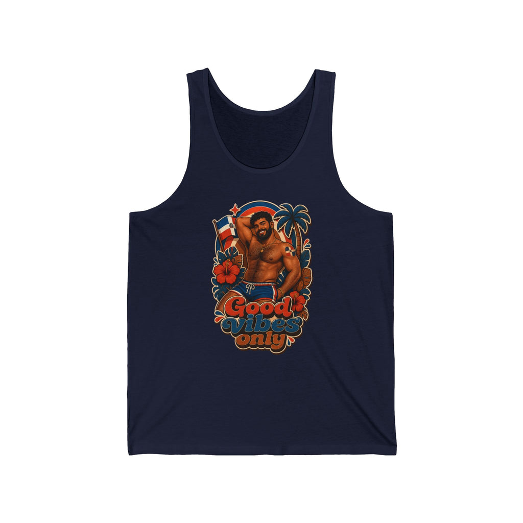Tank top with muscular man, palm tree, flag, and "Good Vibes Only" text.