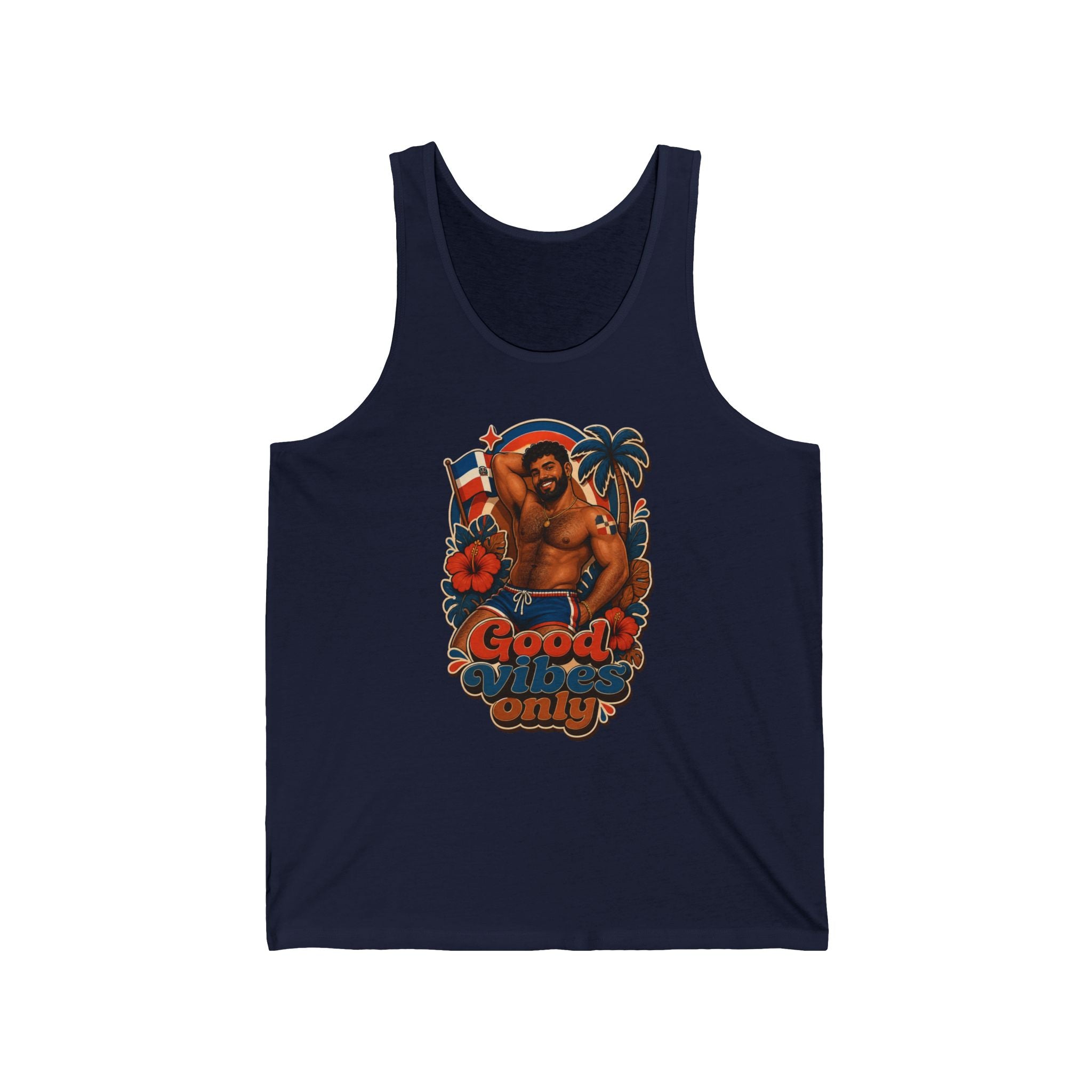 Tank top with muscular man, palm tree, flag, and "Good Vibes Only" text.