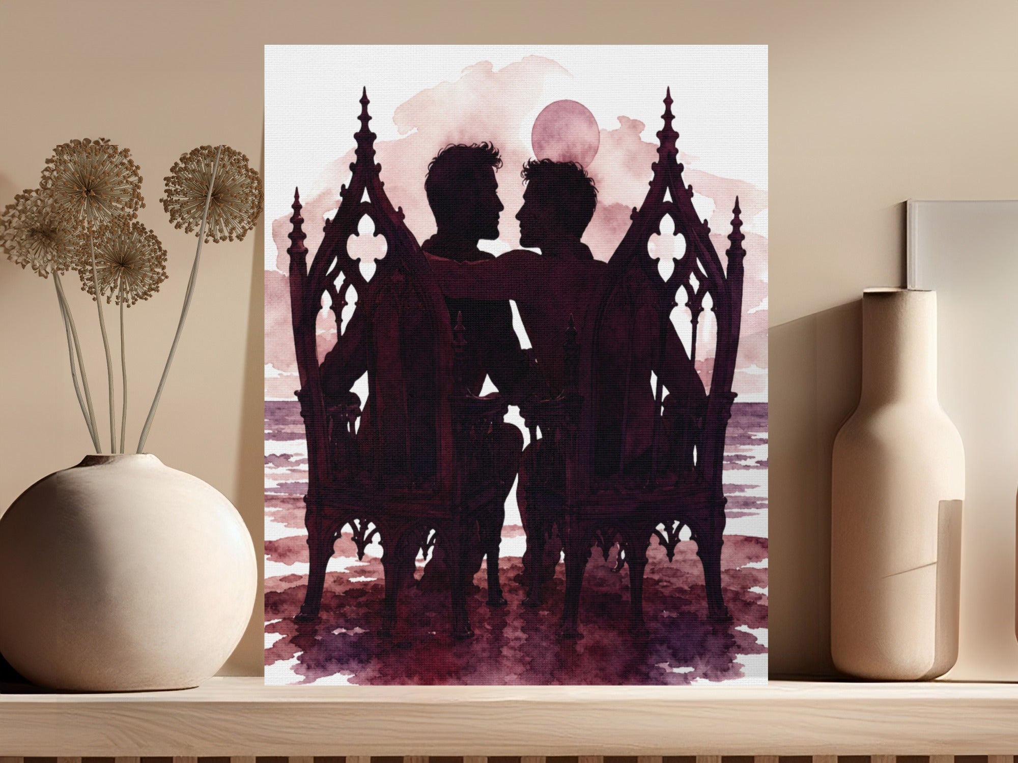 Silhouetted couple in ornate chairs against a watercolor sky with moons
