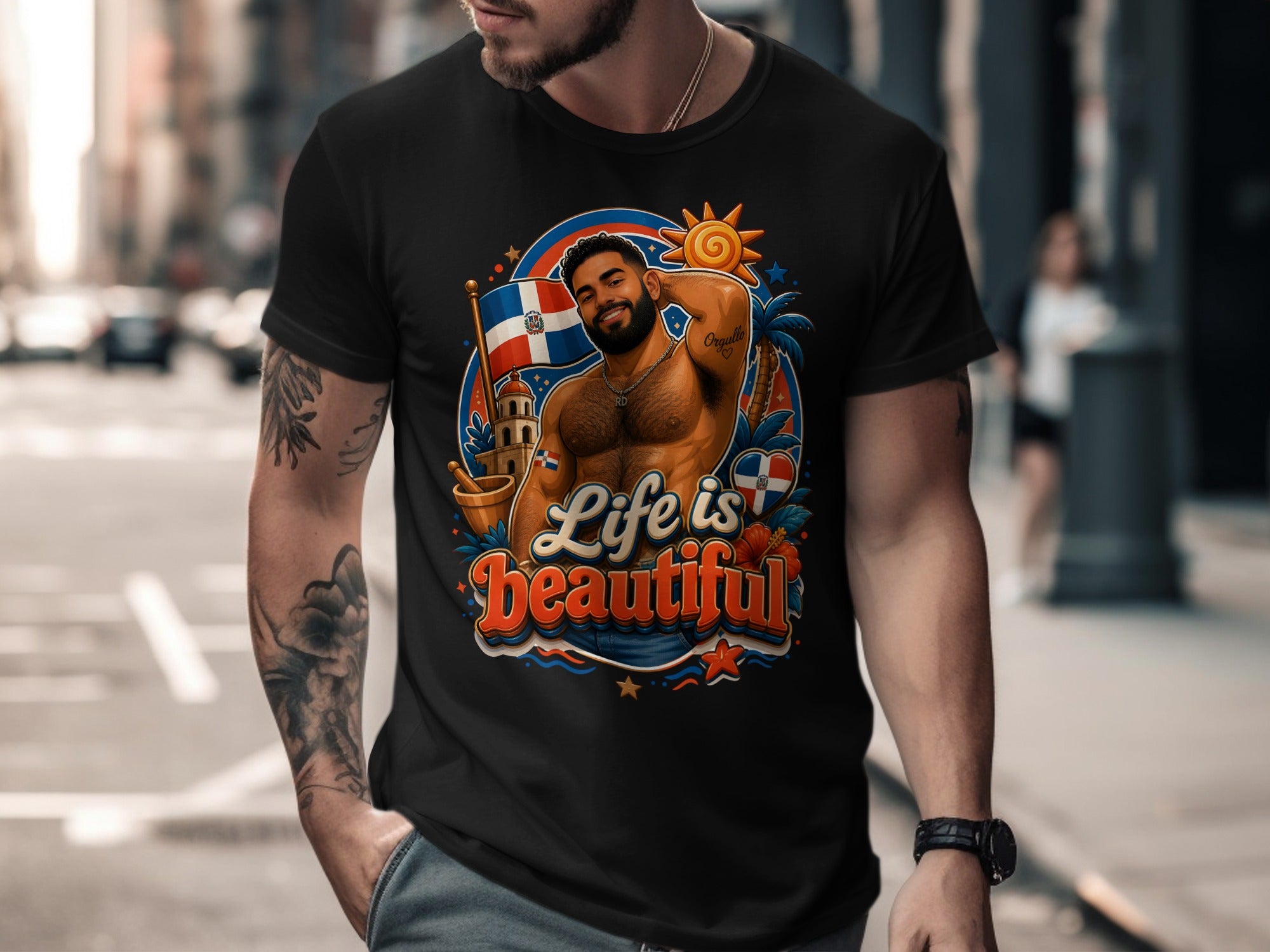 Dominican flag shirt with man, sun, and "Life is Beautiful" text.