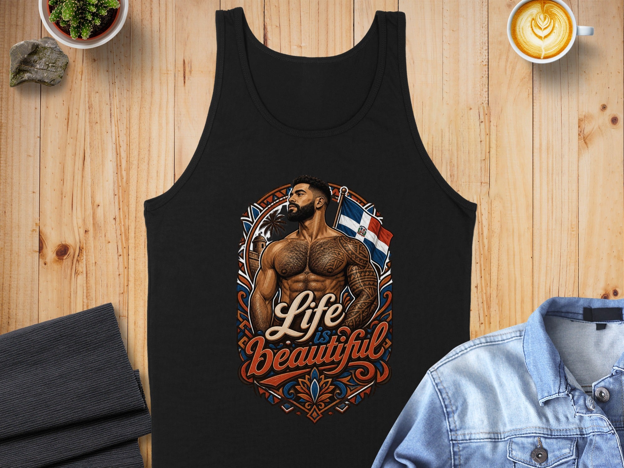 Man with Dominican flag on black tank top, text "Life is Beautiful".
