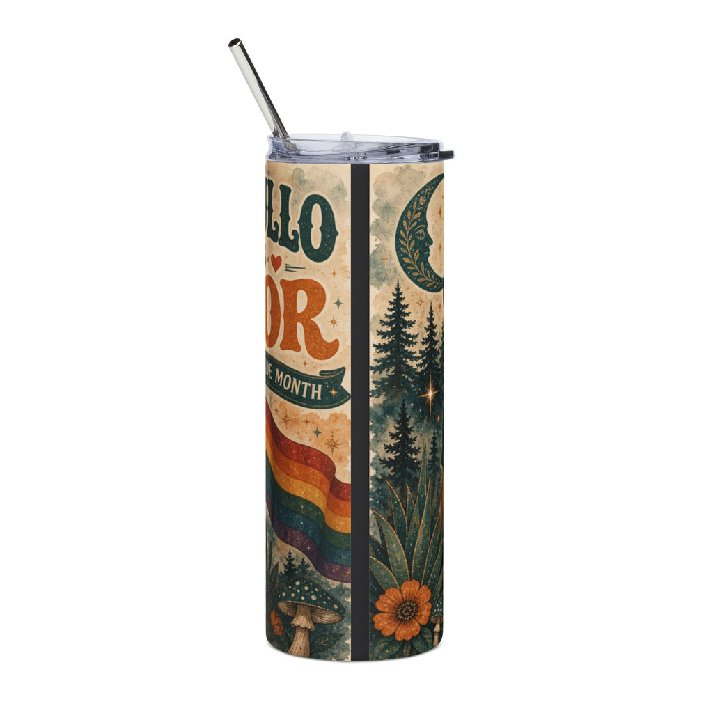 Tumbler with rainbow flag, moon, stars, trees, and flowers.