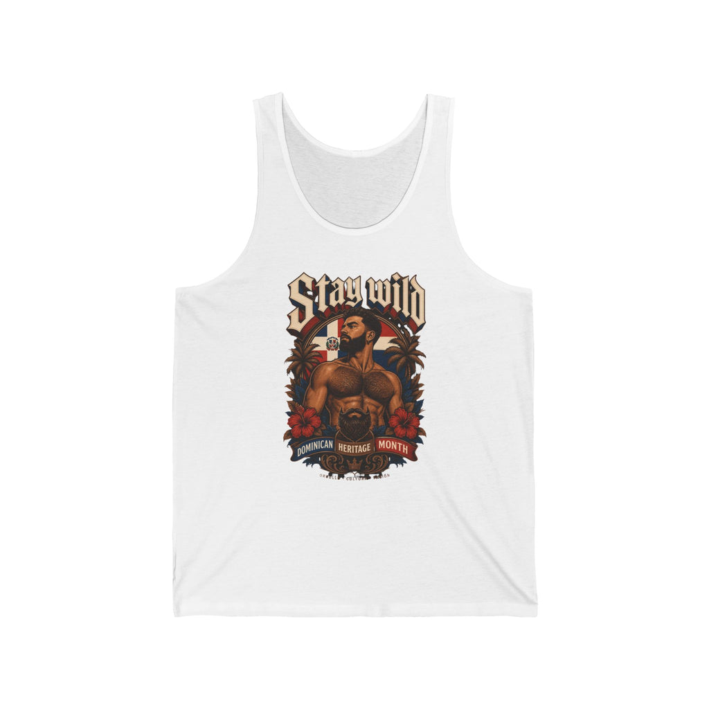 Tank top with "Stay Wild" text and illustration of a muscular man.