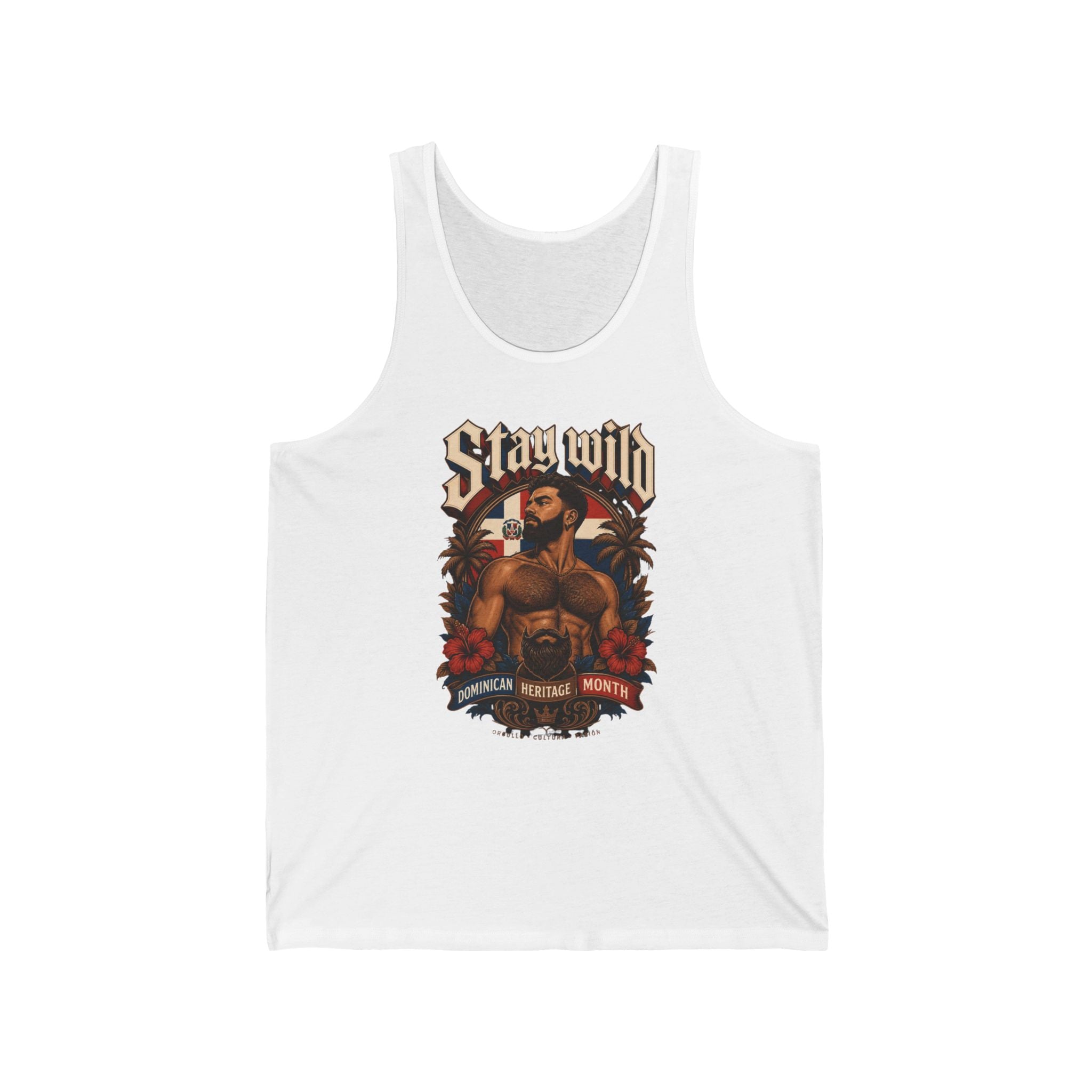 Tank top with "Stay Wild" text and illustration of a muscular man.