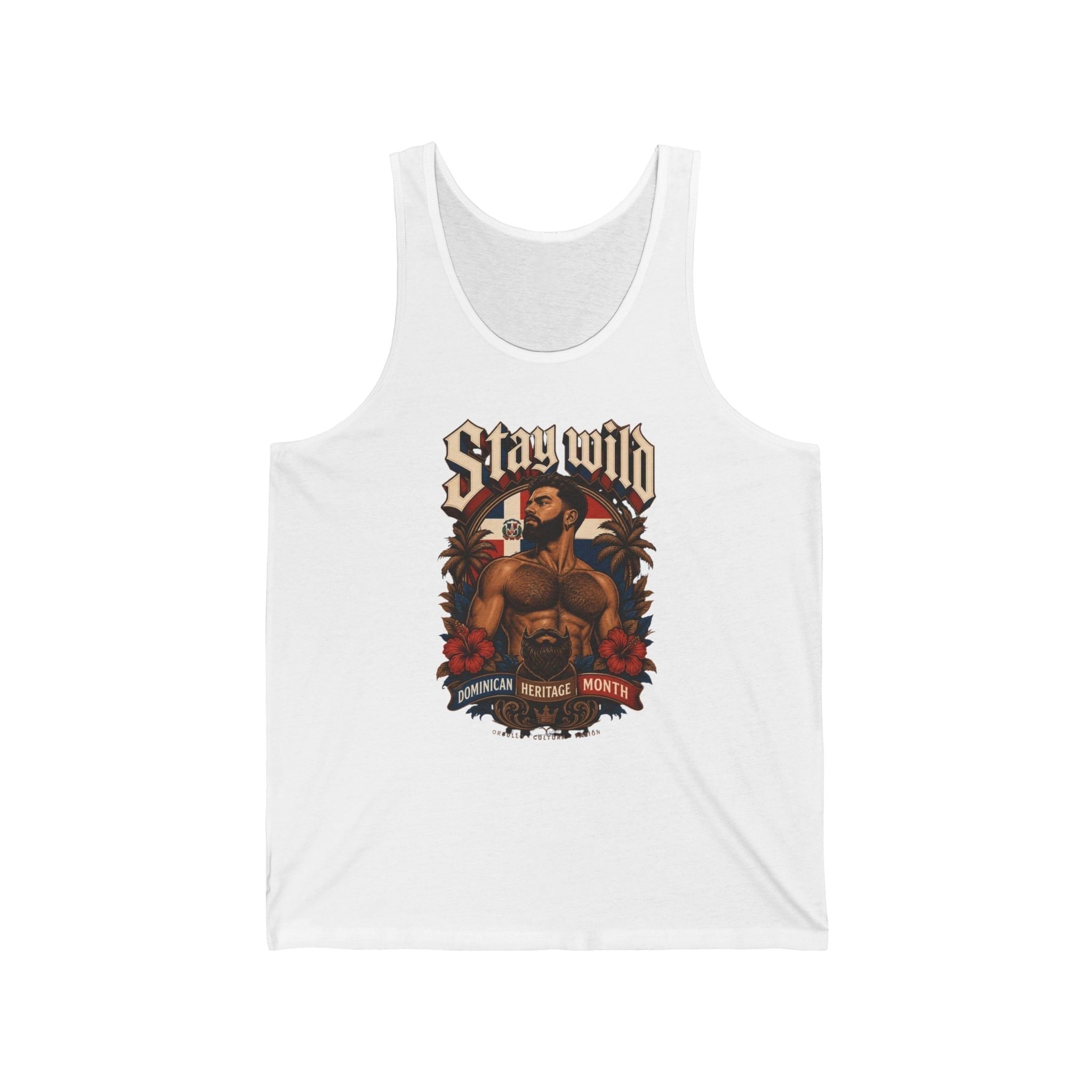 Tank top with "Stay Wild" text and illustration of a muscular man.