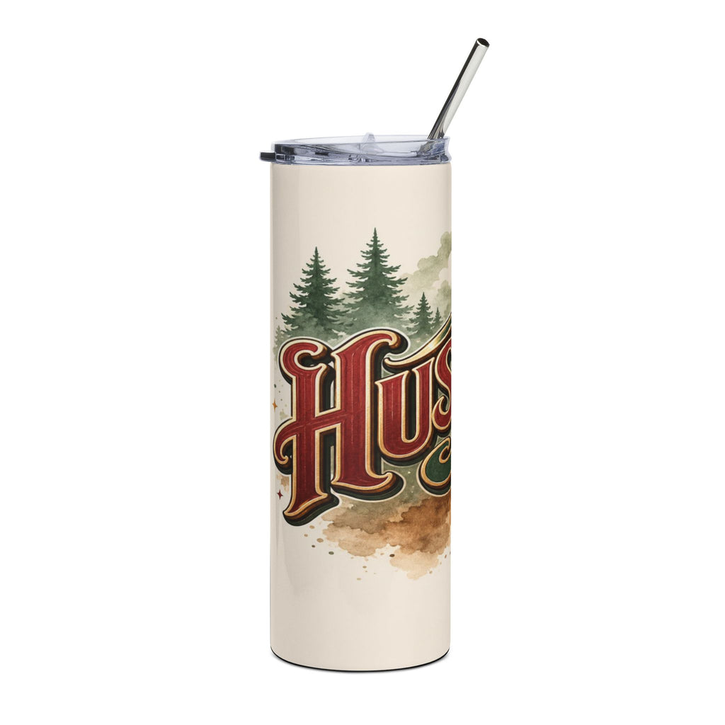 Cream tumbler with forest scene and "Hustle" text in vintage lettering.