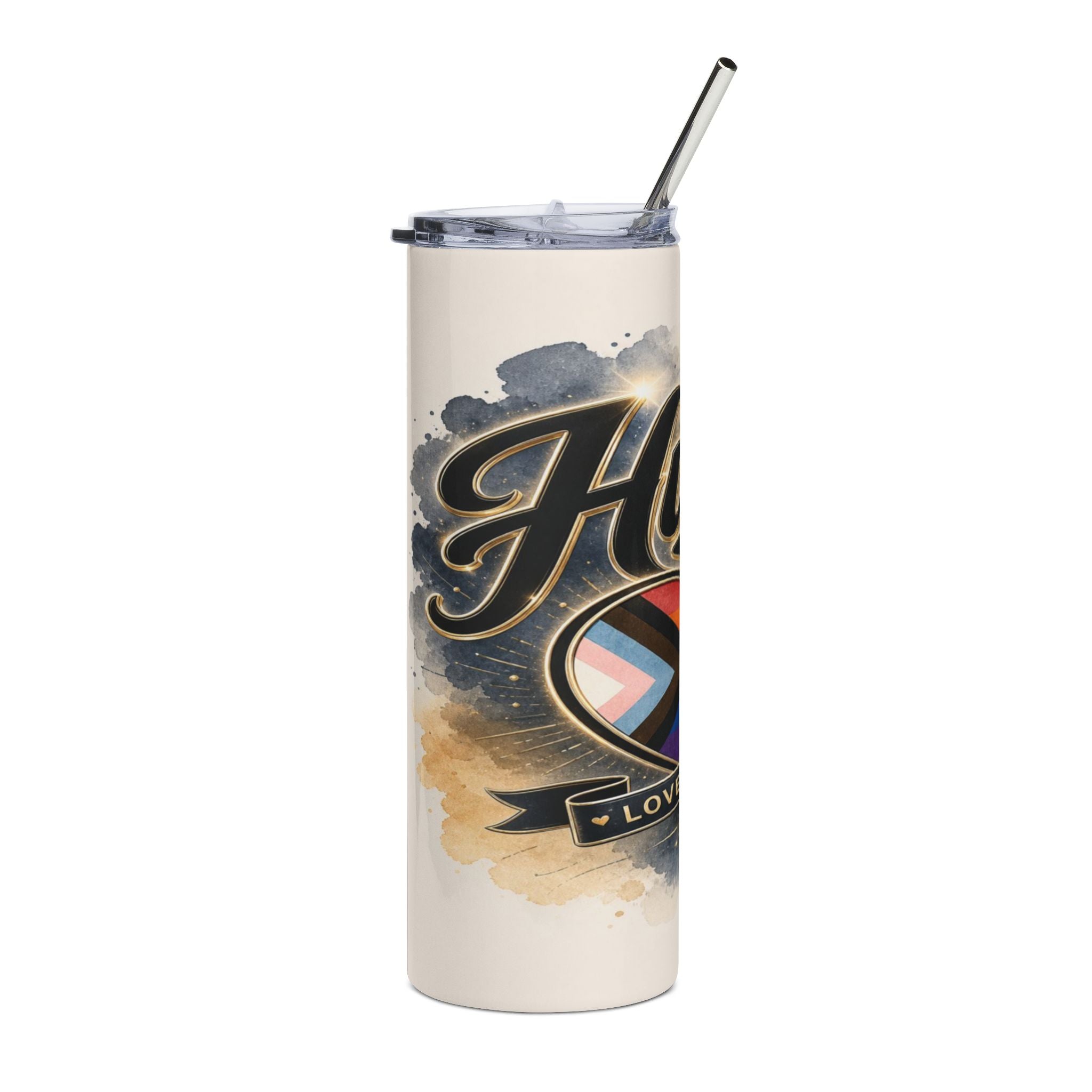 Tumbler with watercolor splash, "Ho" text, and pride heart.