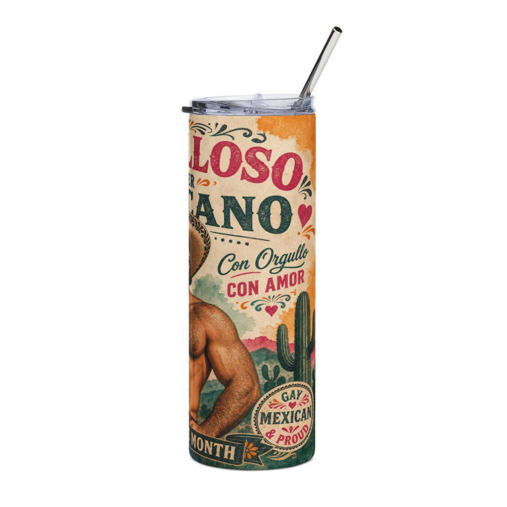 Glitter tumbler with "OSO AÑO Con Orgullo Con Amor" text, gay Mexican proud badge.