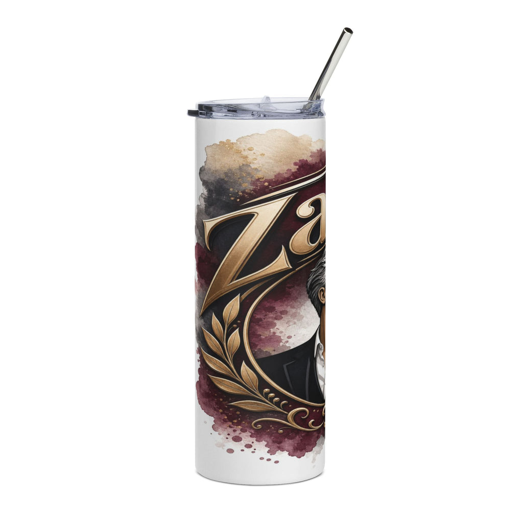 White tumbler with metallic straw, featuring a portrait with a gold 'Z' emblem and watercolor accents.