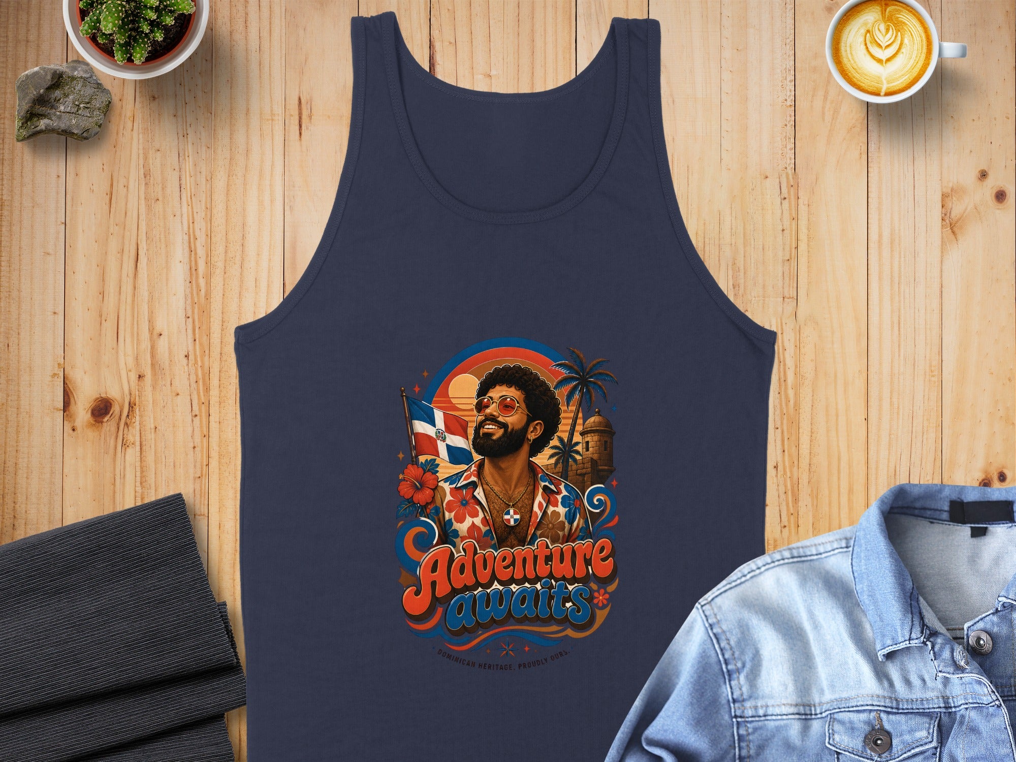 Navy tank top with a colorful graphic of a man, palm trees, and a sunset.