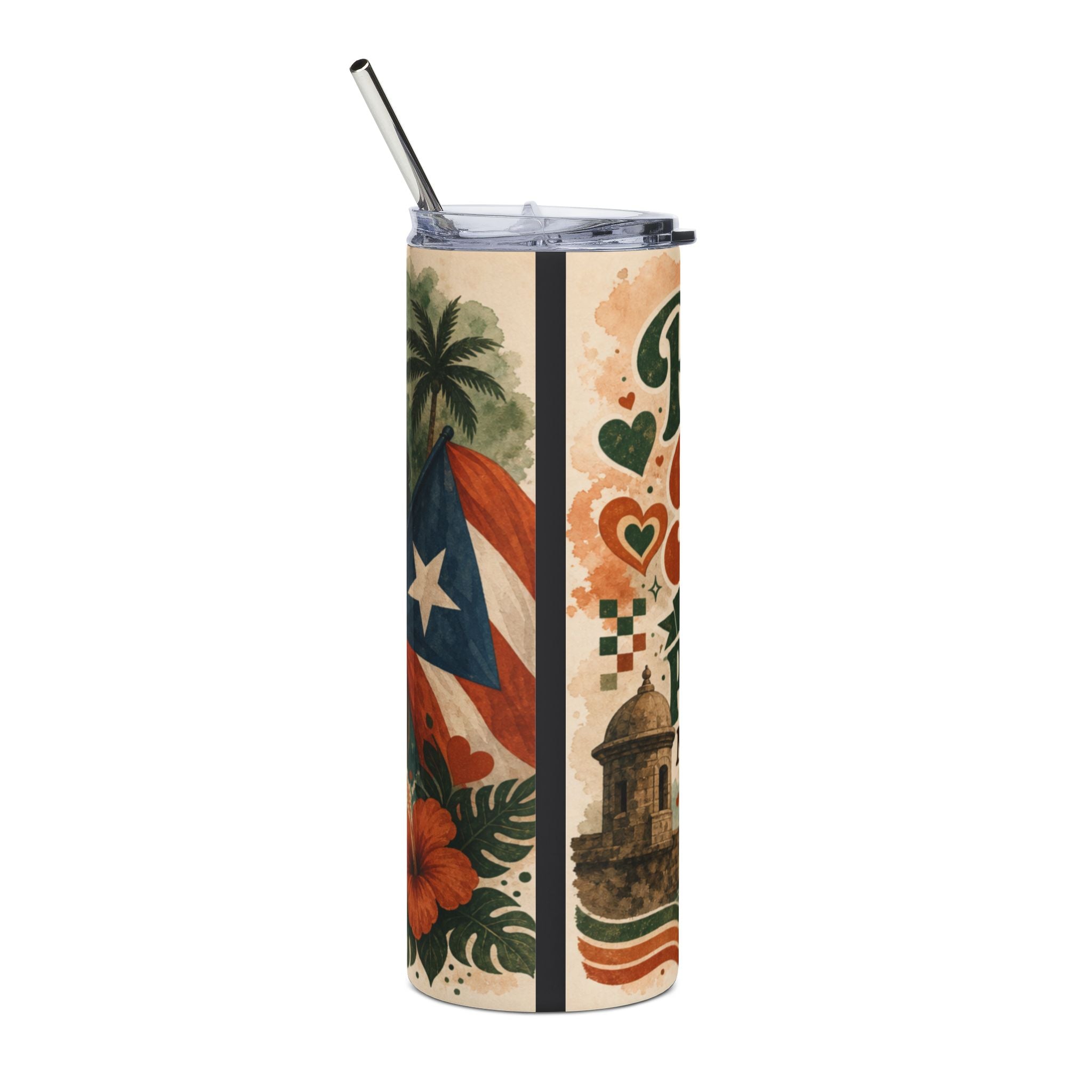 Puerto Rican flag, hibiscus flower, fort, and palm tree design on tumbler with straw.