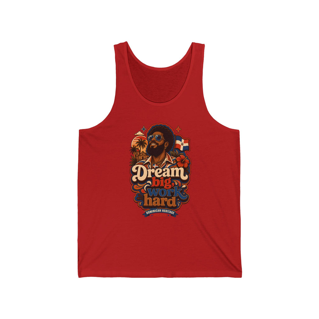 Red tank top featuring a man with sunglasses, palm trees, and a Dominican flag.