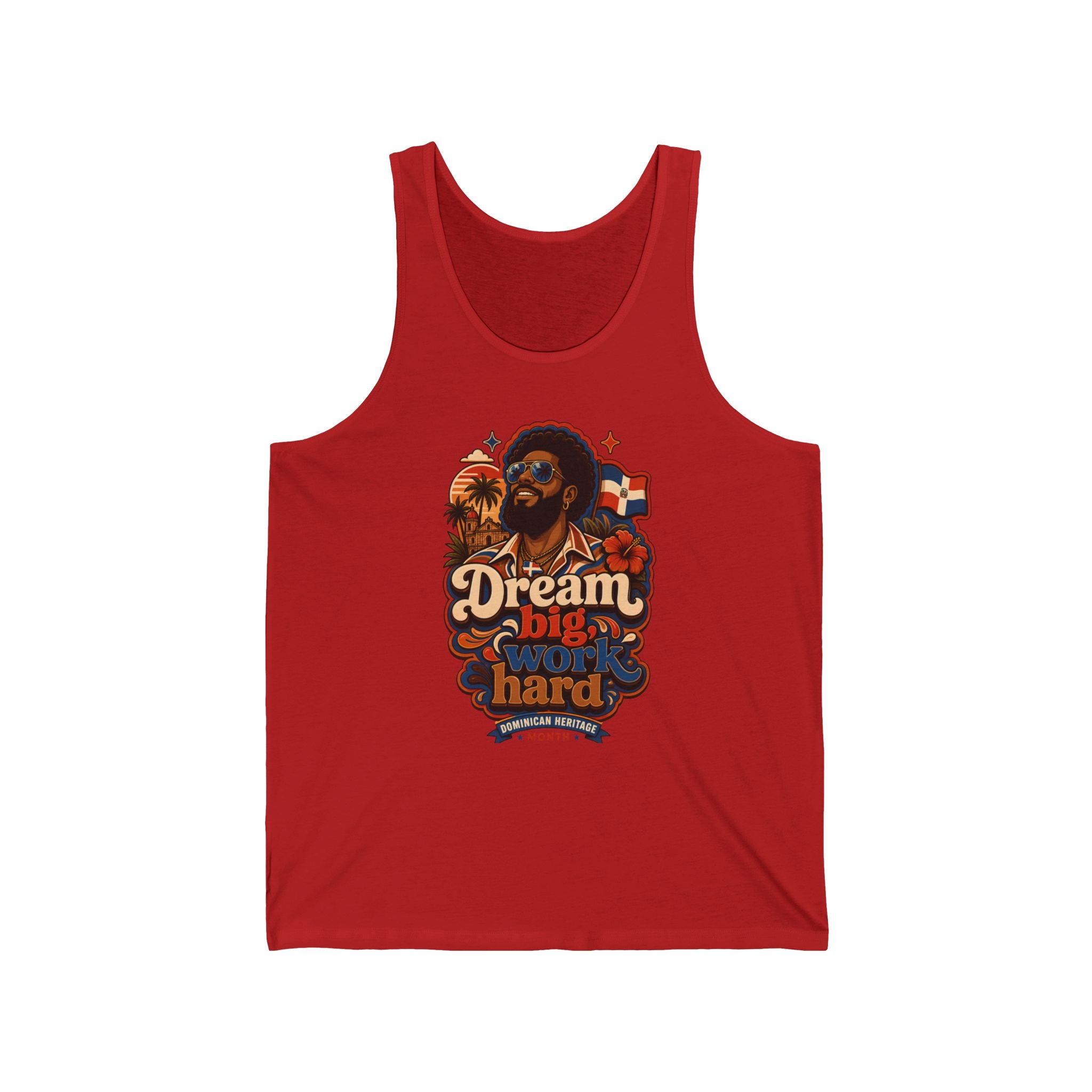 Red tank top featuring a man with sunglasses, palm trees, and a Dominican flag.
