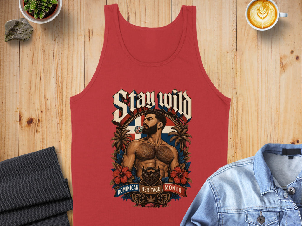 Red tank top with "Stay Wild Dominican Heritage Month" and a man's portrait.
