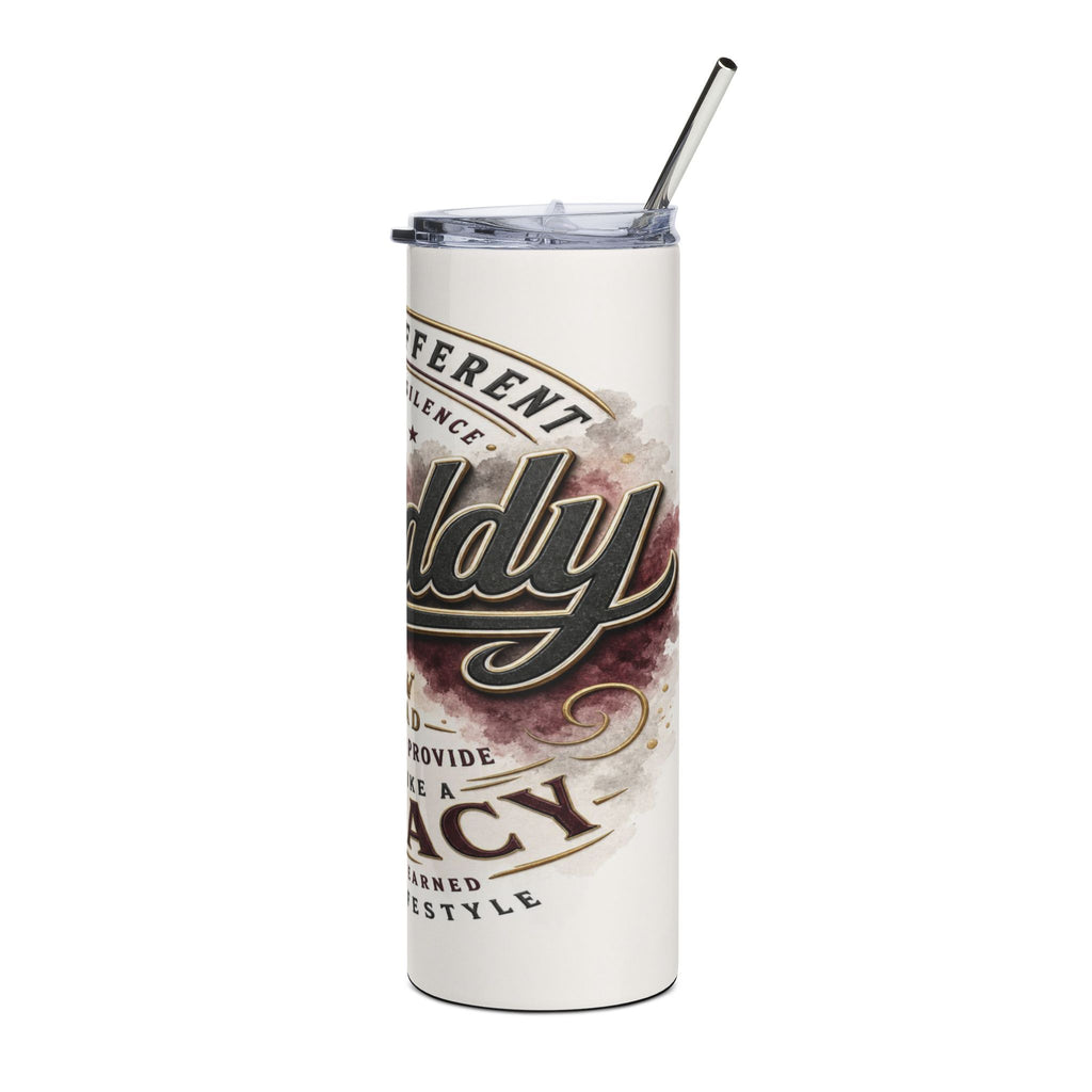White tumbler with a metallic straw featuring the word "Daddy" and other text.