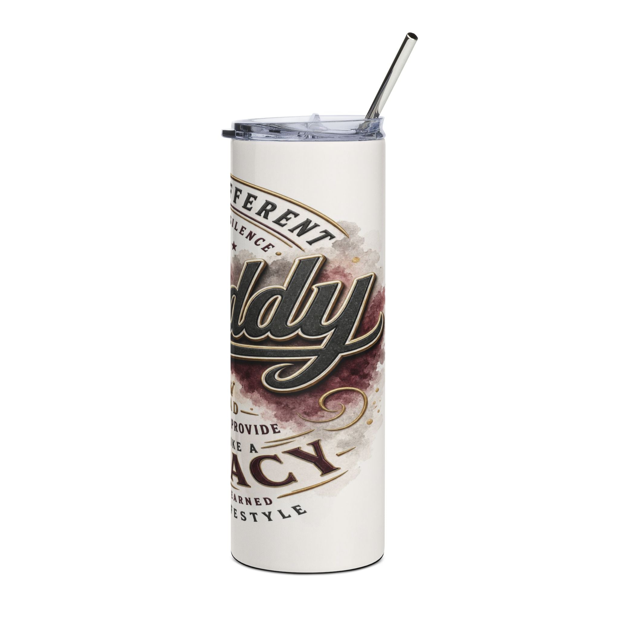 White tumbler with a metallic straw featuring the word "Daddy" and other text.