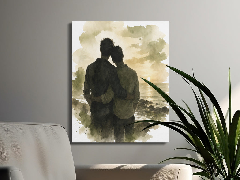 Watercolor painting of two men embracing at sunset on a rocky shore.