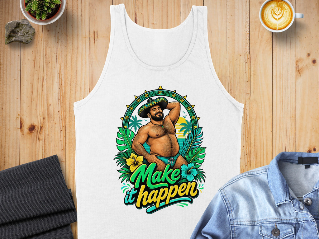 White tank top with colorful tropical graphic and "Make it happen" text.