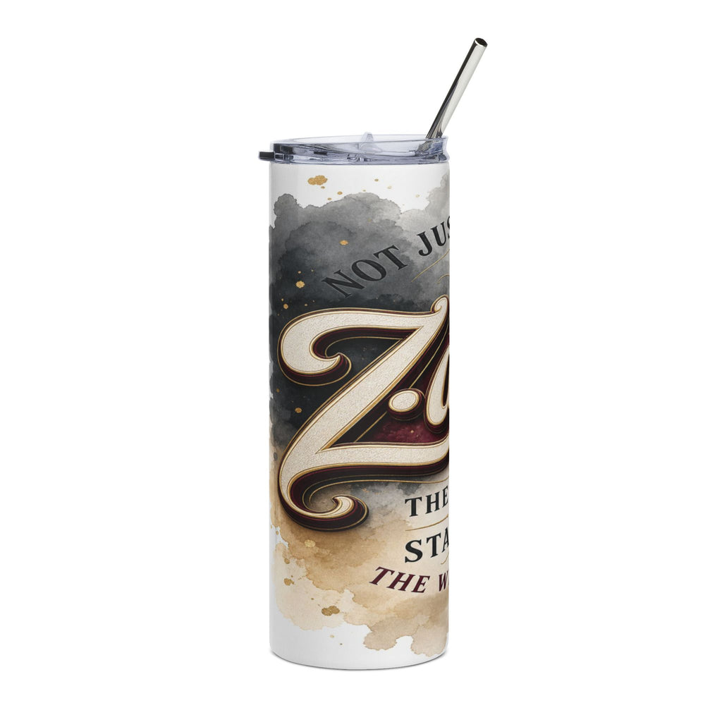 Tall tumbler with a large "Z" design, watercolor splatters, and text.