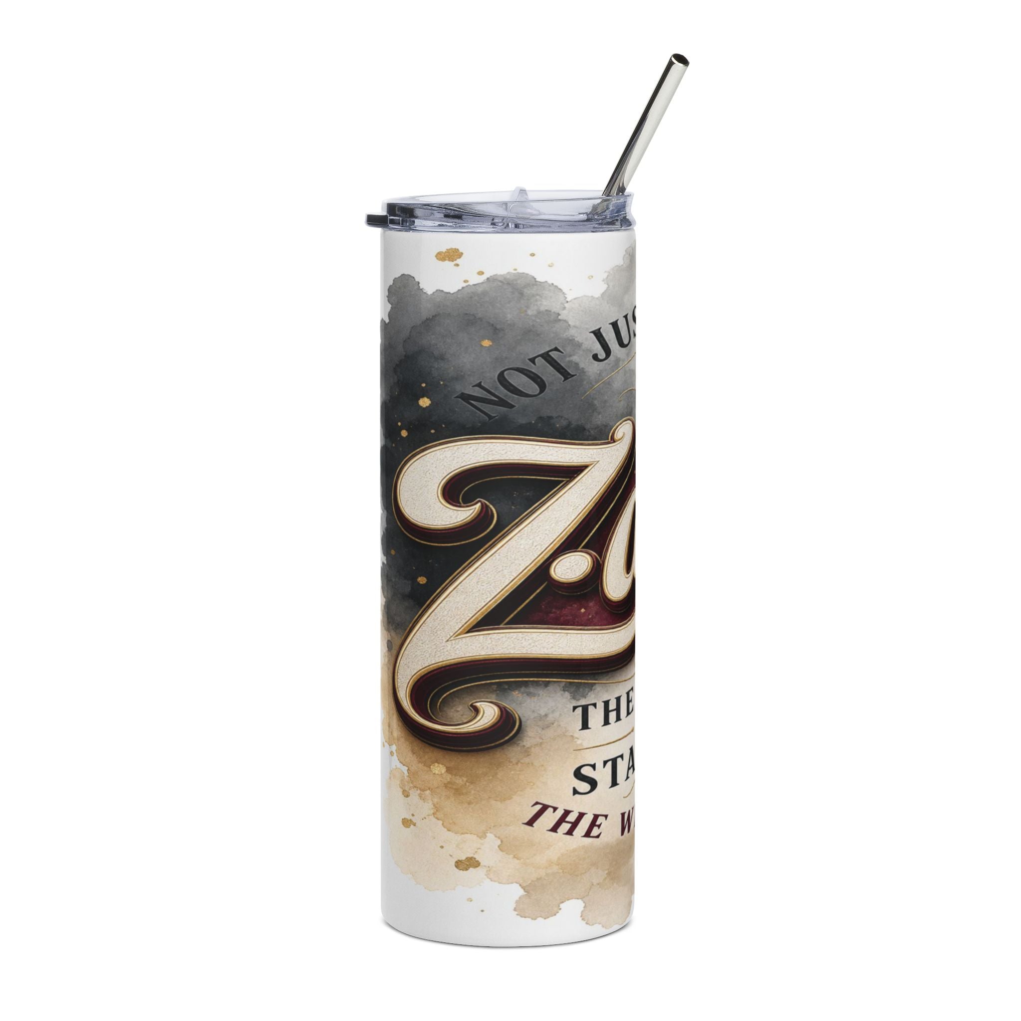Tall tumbler with a large "Z" design, watercolor splatters, and text.