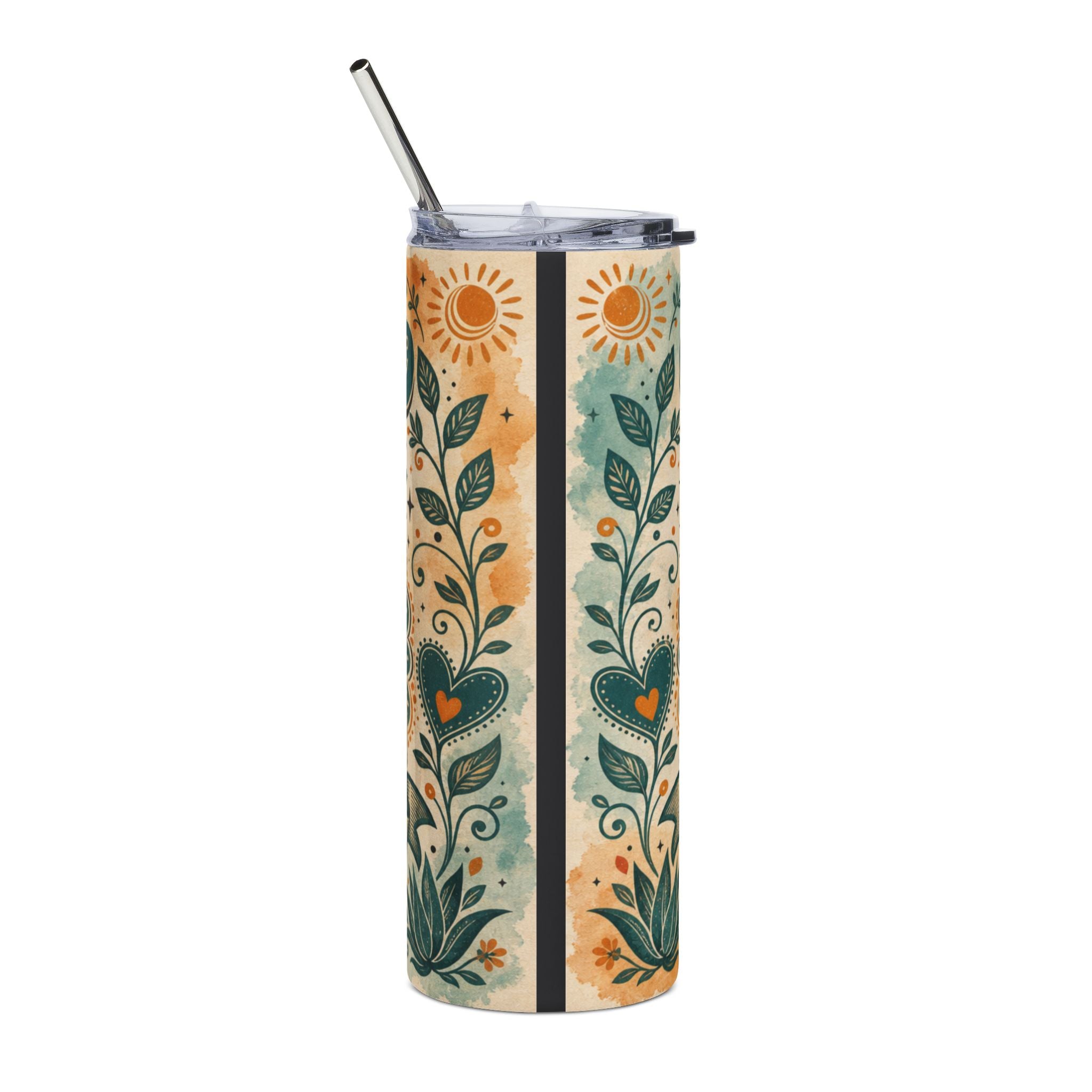Tall tumbler with sun and heart floral pattern and metal straw.