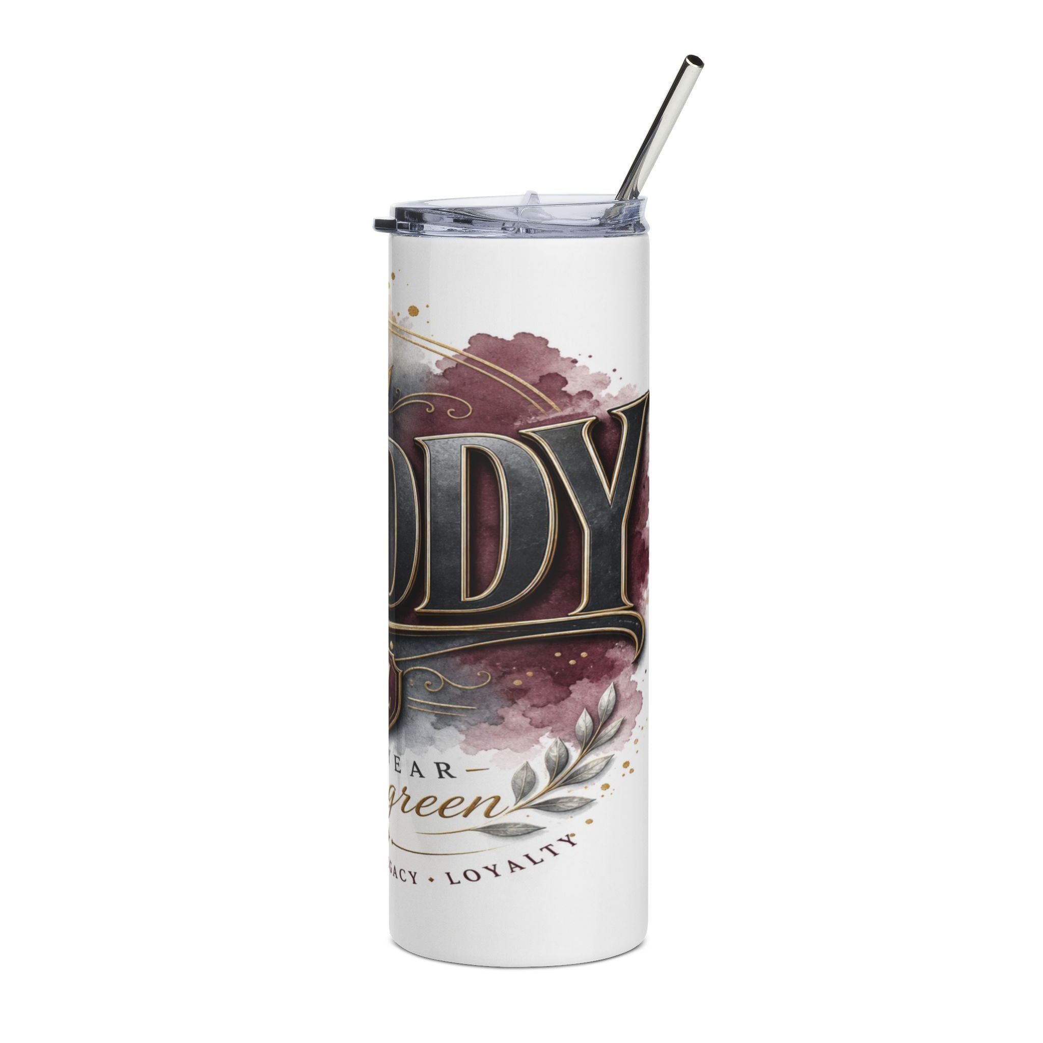 White tumbler with "Dy" in large metallic letters, floral design, and text.