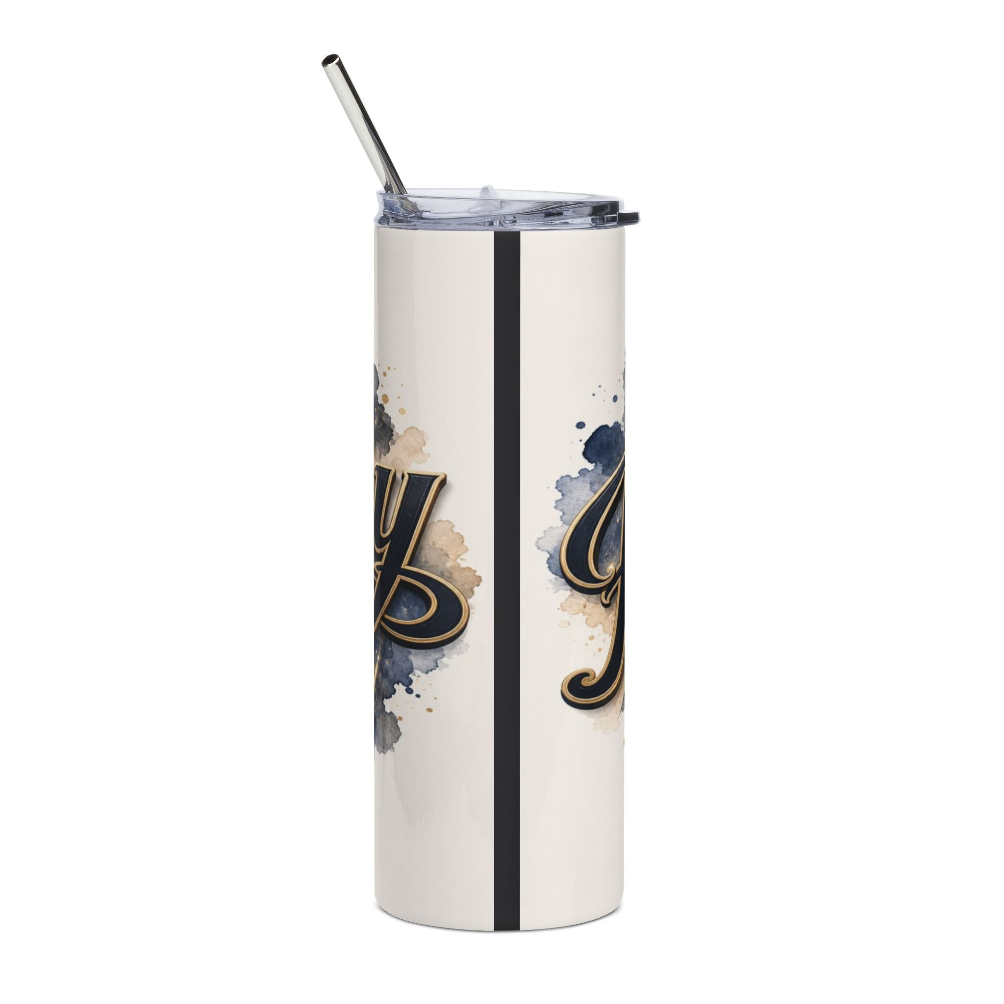 Tall tumbler with metallic straw featuring a gold-outlined navy script word and watercolor splatters.