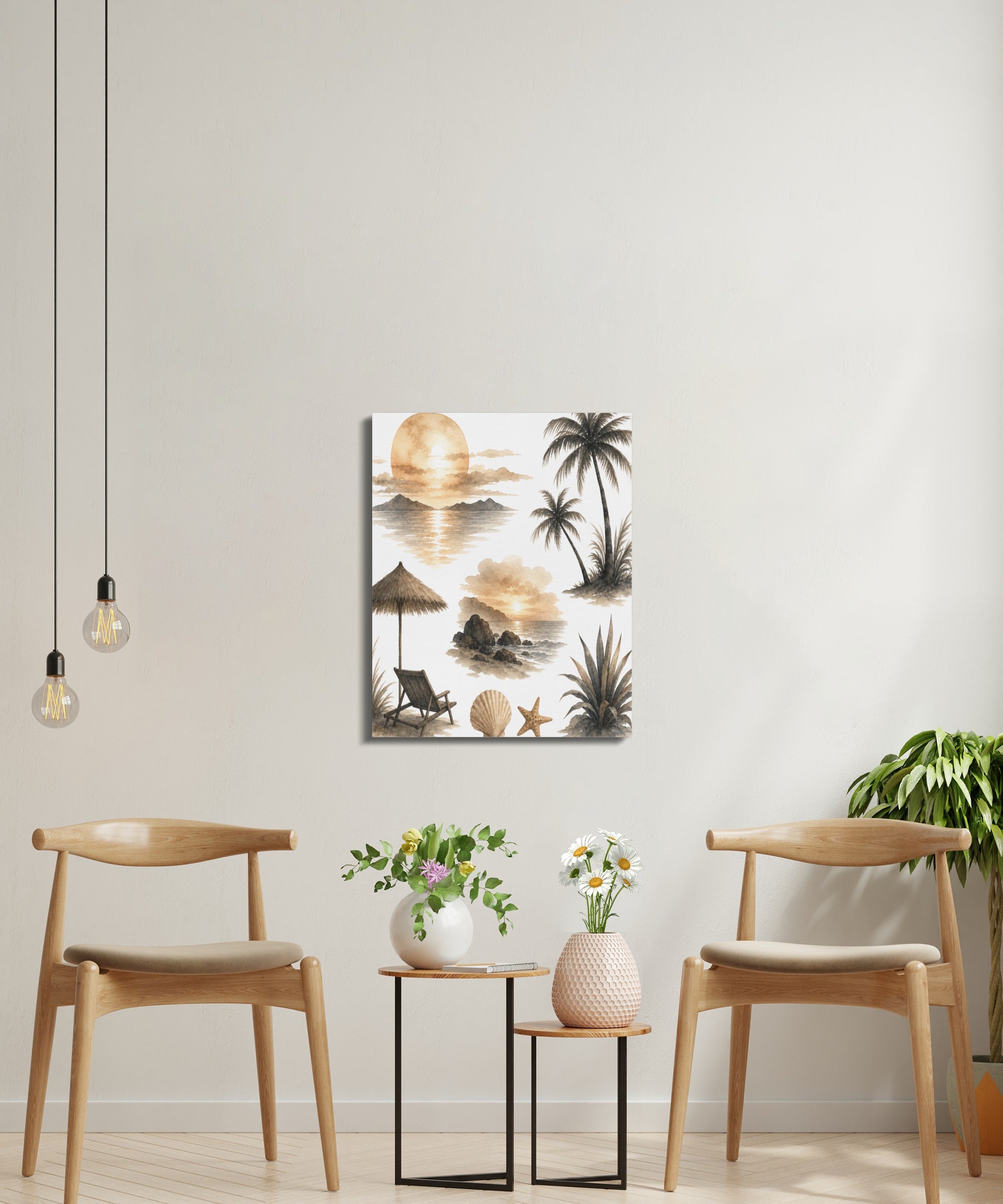 Watercolor beach scene collage with sunset, palm trees, lounge chair, and seashells.