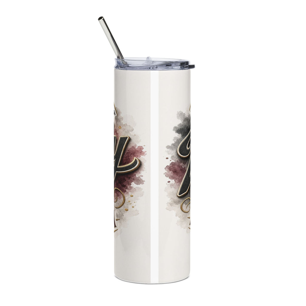 White tumbler with straw, featuring a black and gold script "Love" and watercolor accents.