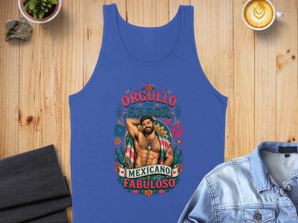 Blue tank top with "Orgullo con Sabor Mexicano Fabuloso" text and illustrated man.