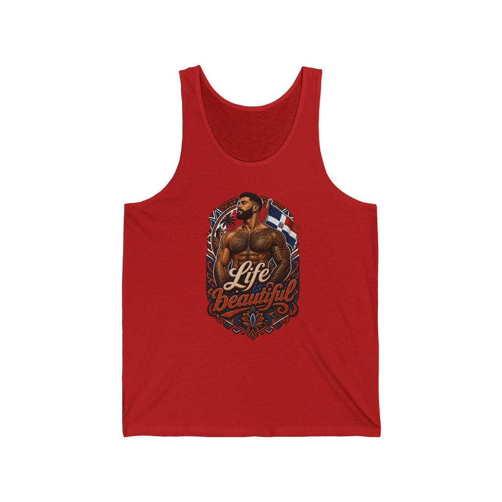 Red tank top with graphic art of a tattooed man and the words "Life is Beautiful".