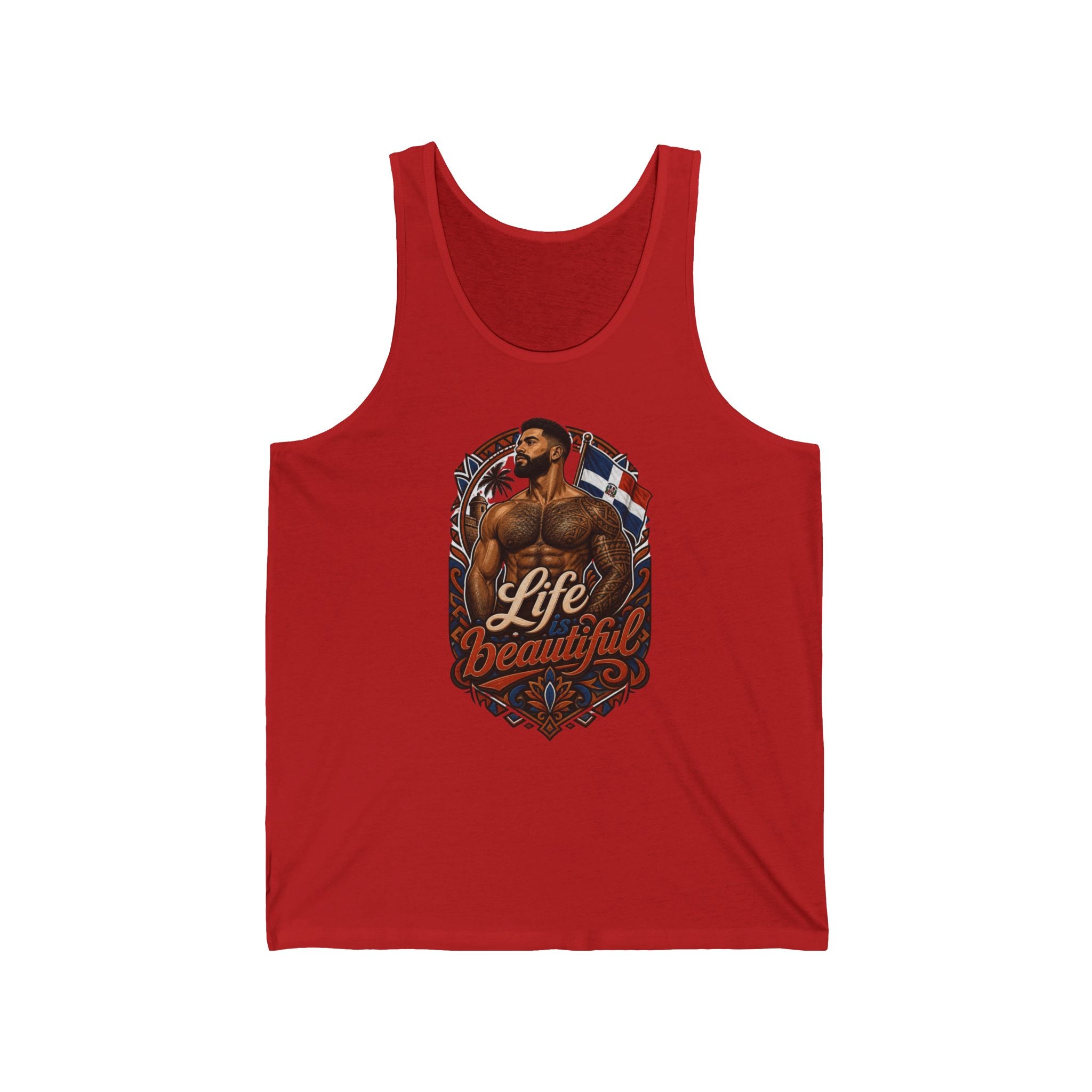 Red tank top with graphic art of a tattooed man and the words "Life is Beautiful".