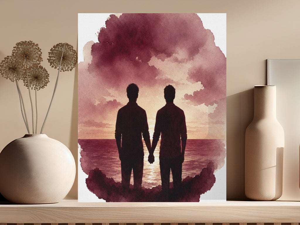 Two men hold hands on a rocky shore at sunset with watercolor clouds above.
