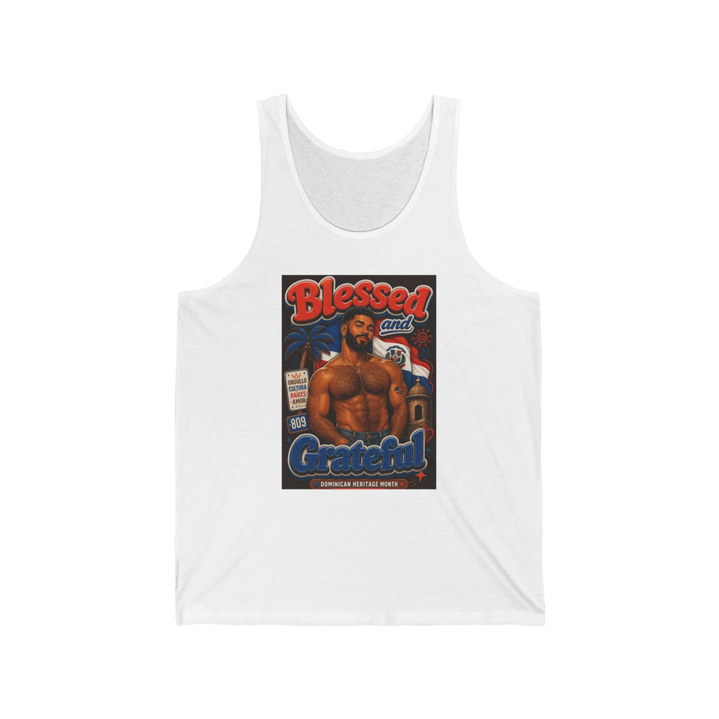 Tank top with "Blessed and Grateful" text and a man in front of a Dominican Republic scene.