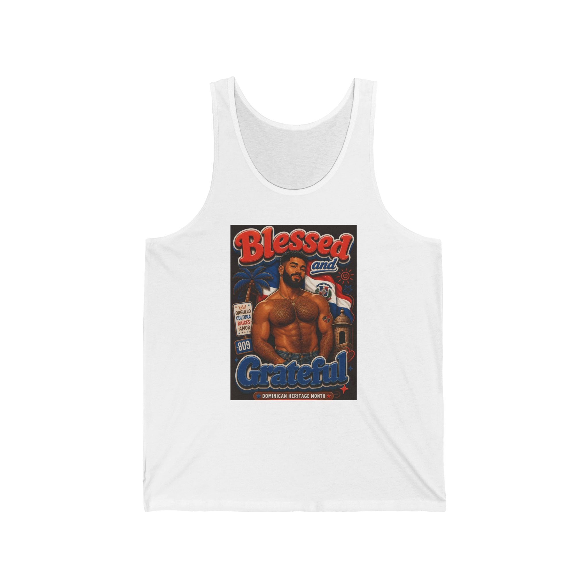 Tank top with "Blessed and Grateful" text and a man in front of a Dominican Republic scene.