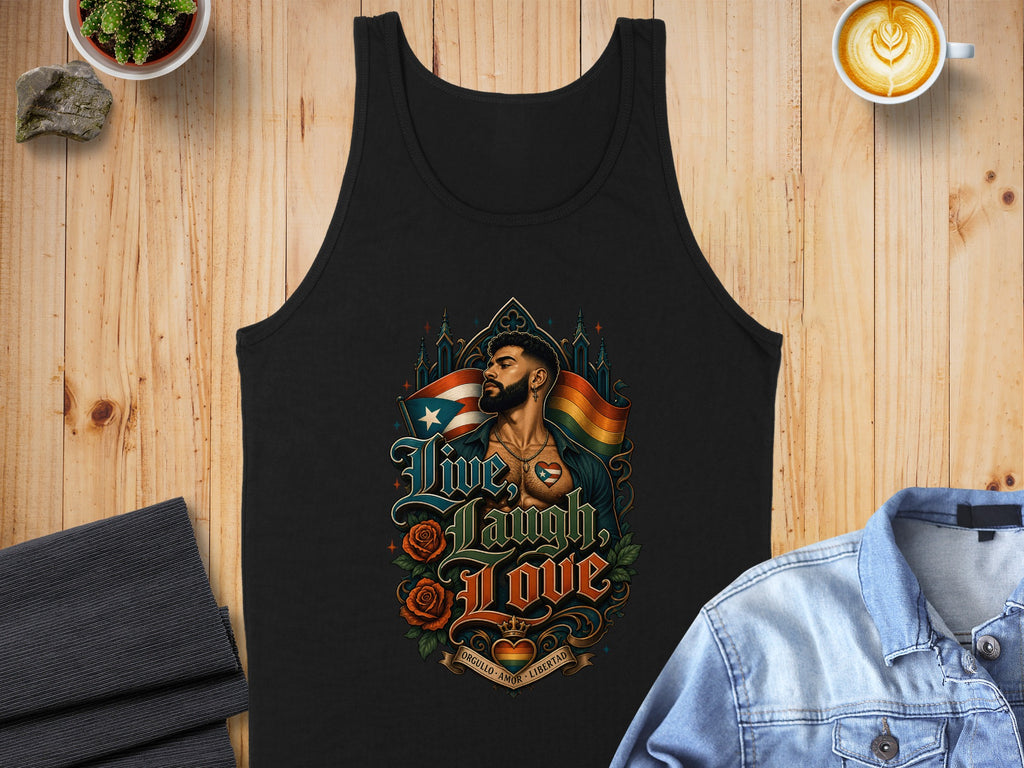 Black tank top with "Live, Laugh, Love" graphic featuring a man with a Puerto Rican flag.