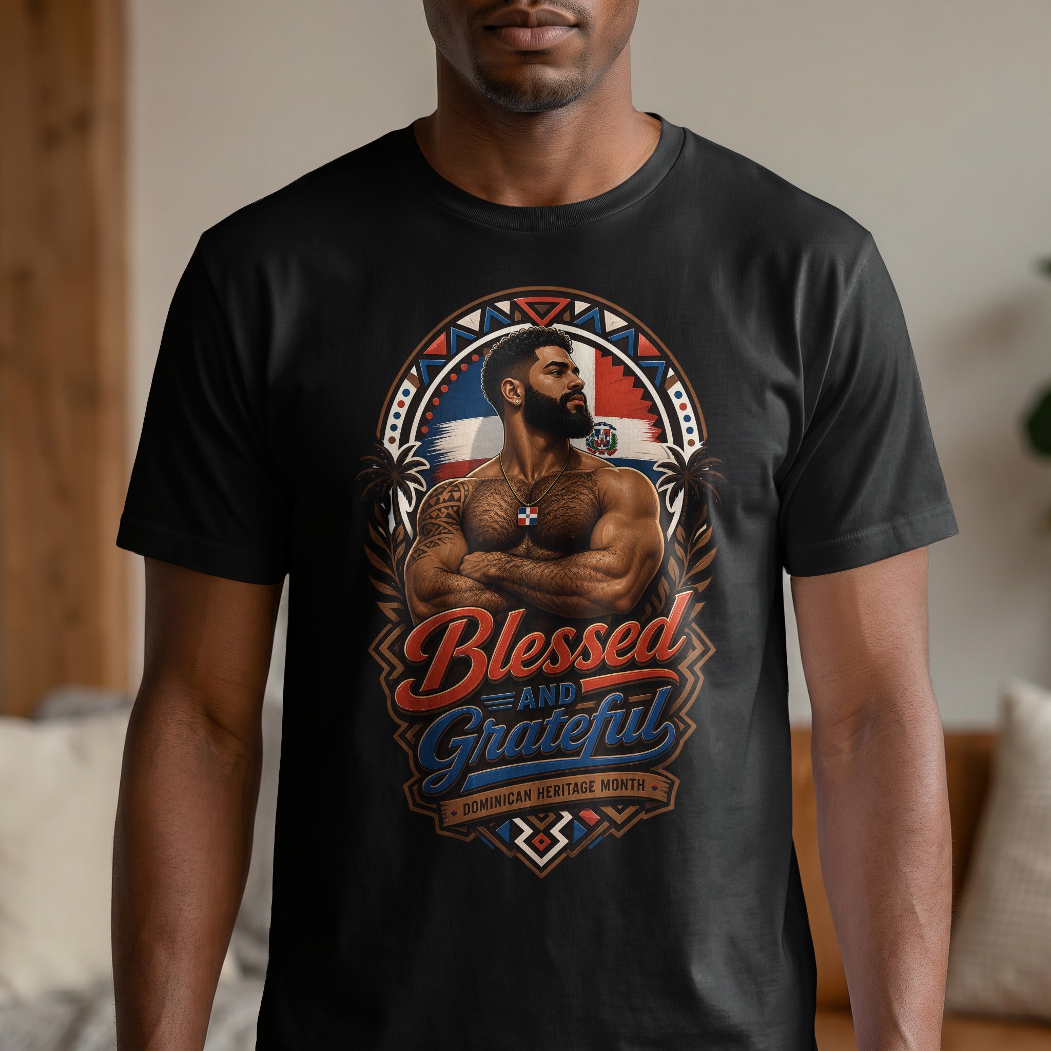 Dominican man wearing t-shirt with "Blessed and Grateful Dominican Heritage Month" graphic.