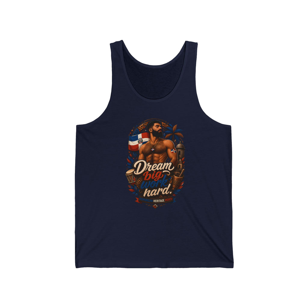 Tank top featuring a muscular man, Dominican flag, and "Dream big work hard" text.
