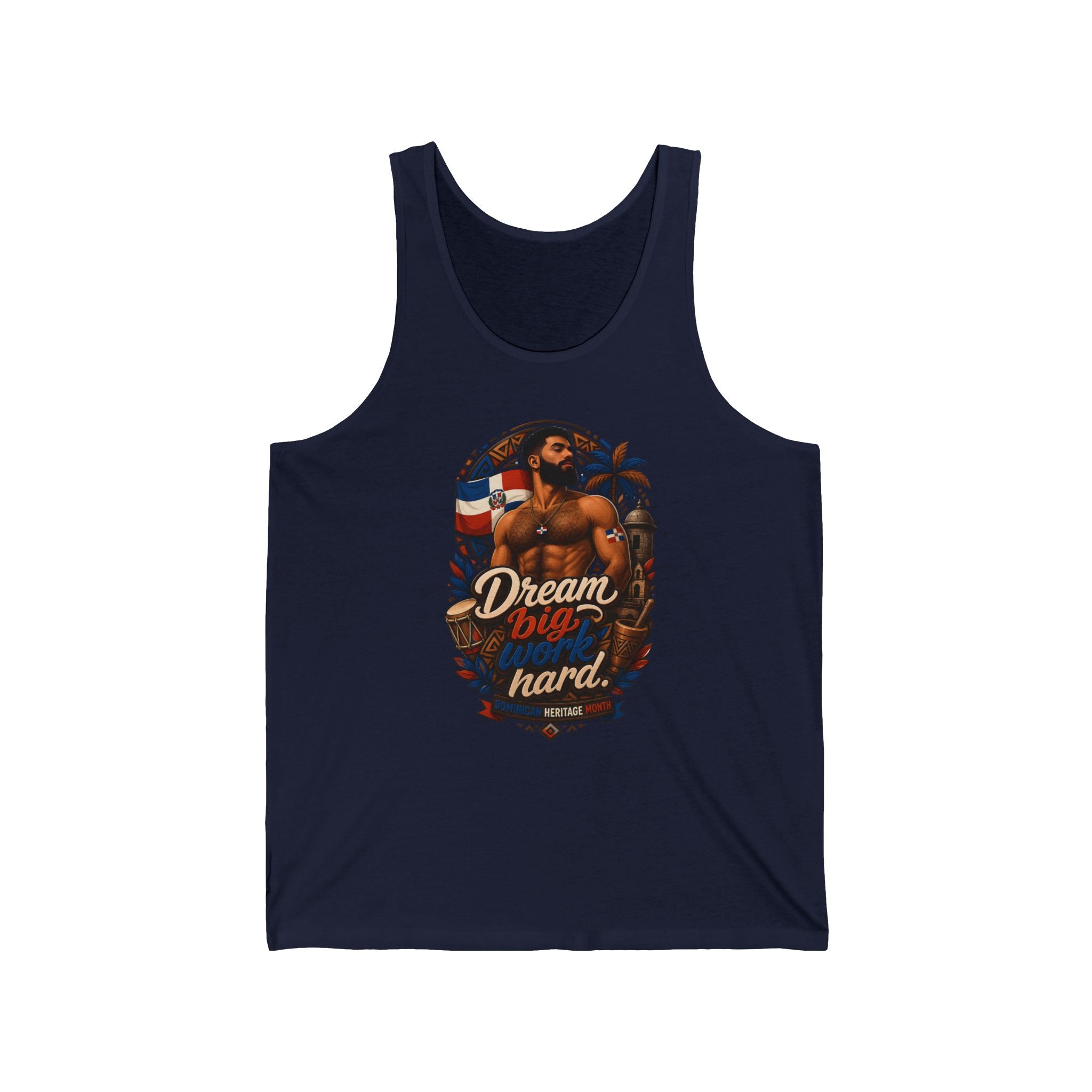 Tank top featuring a muscular man, Dominican flag, and "Dream big work hard" text.