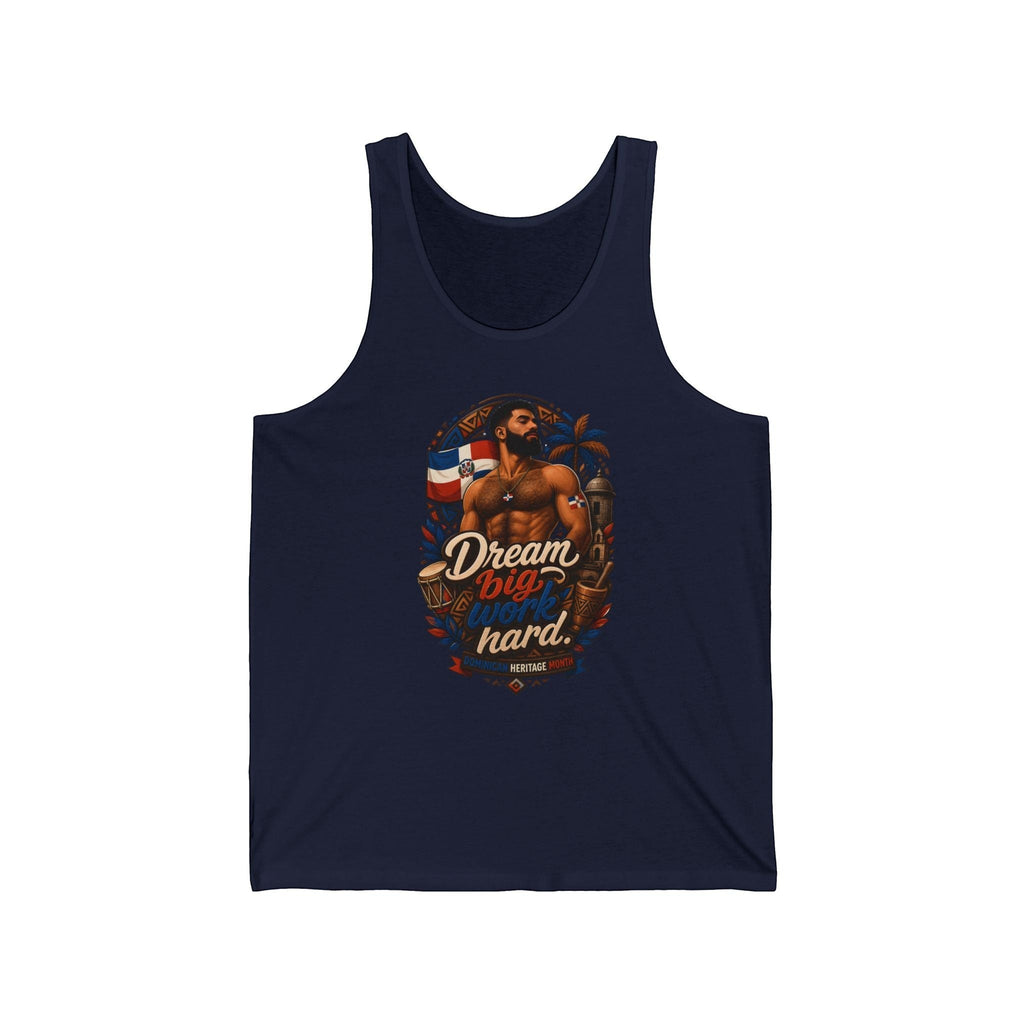 Tank top featuring a muscular man, Dominican flag, and "Dream big work hard" text.