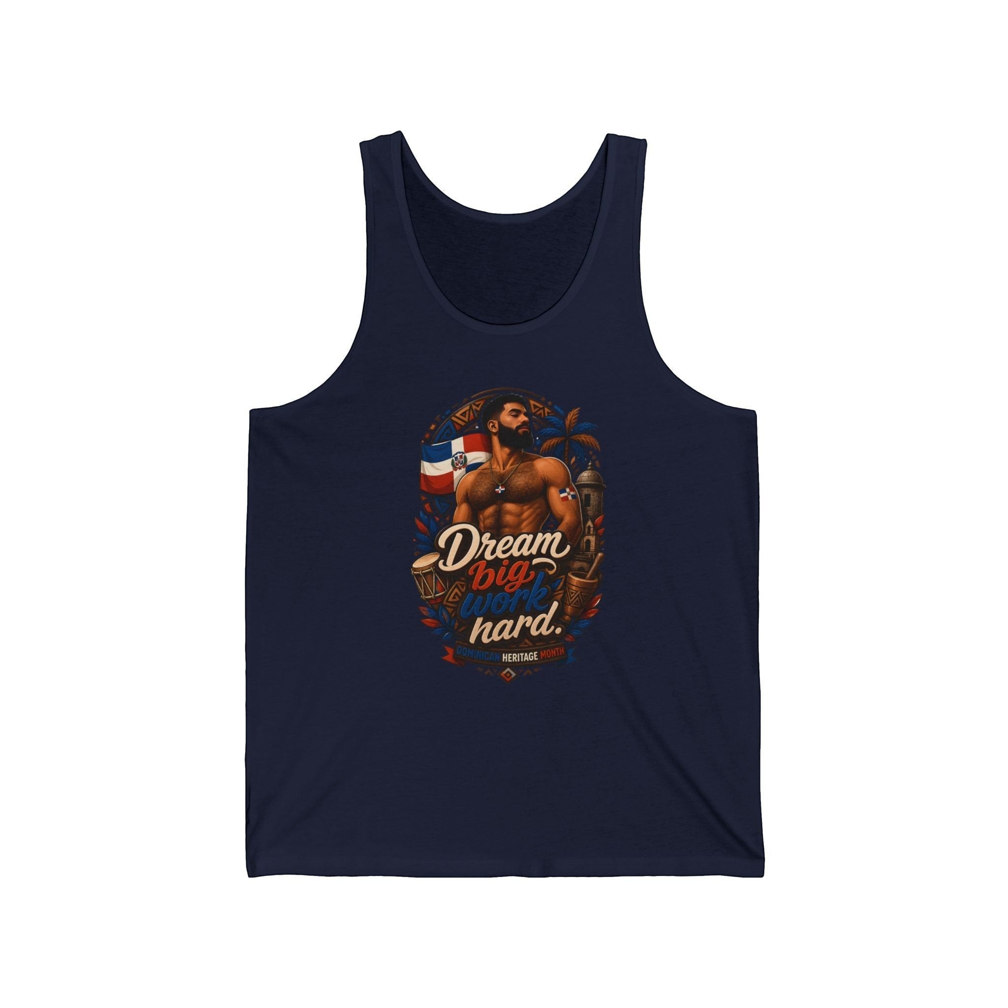 Tank top featuring a muscular man, Dominican flag, and "Dream big work hard" text.