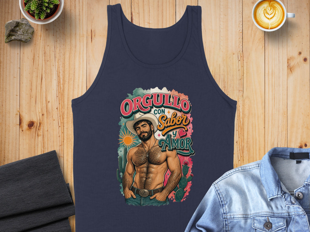 Navy tank top with man in cowboy hat and text "Orgullo con Sabor y Amor".