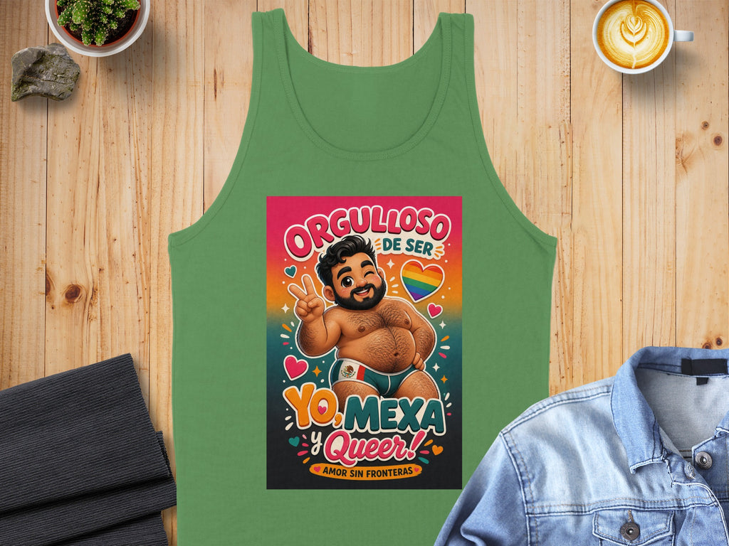 Green tank top with "Orgulloso de ser YO MEXA QUEER" text and cartoon character.
