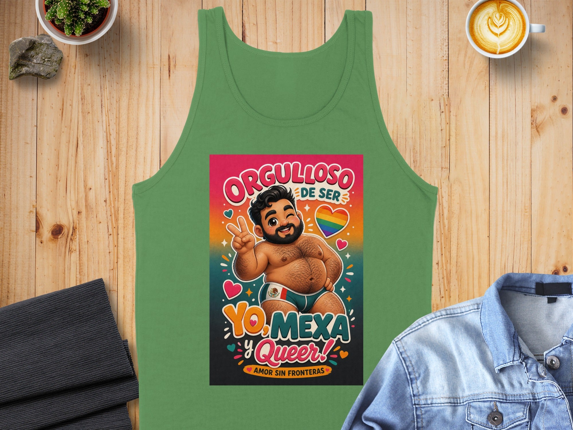 Green tank top with "Orgulloso de ser YO MEXA QUEER" text and cartoon character.