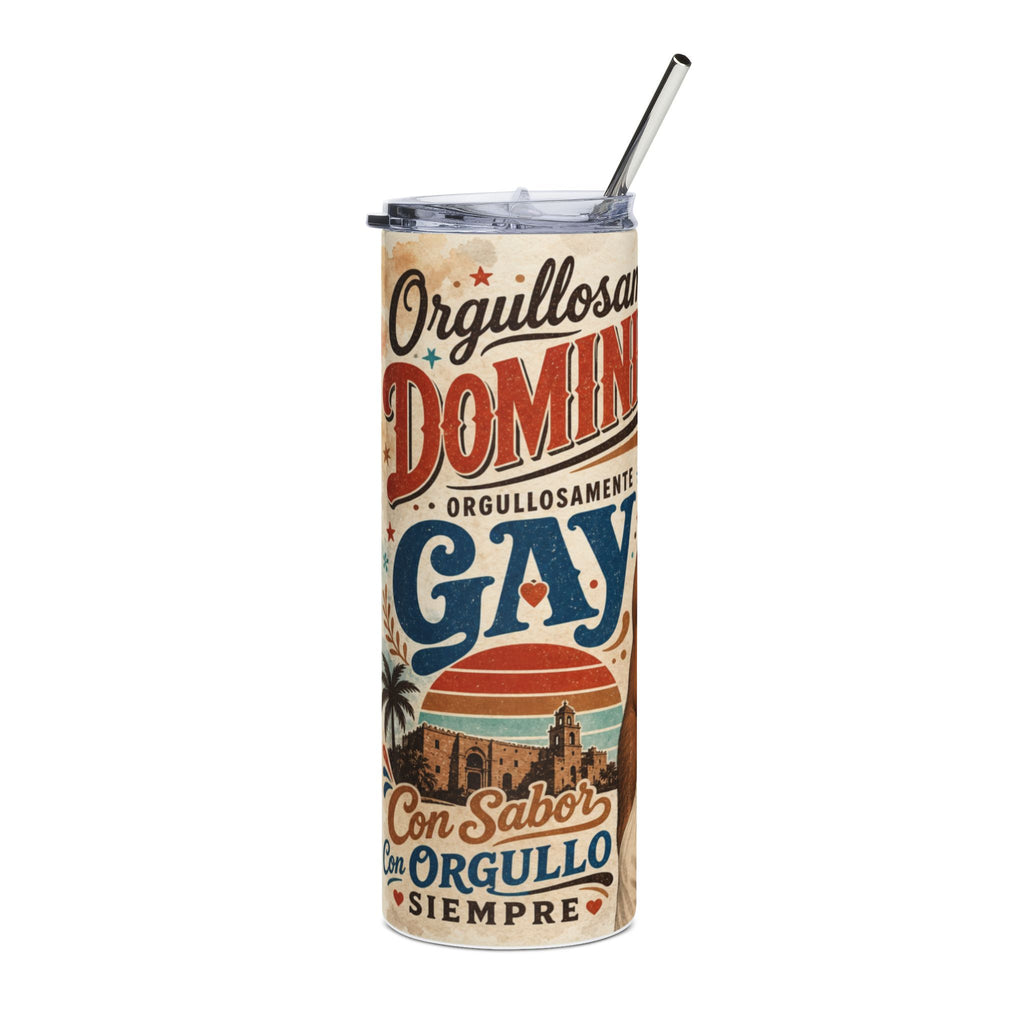 "Orgullosamente Gay" tumbler with sunset and building graphic.
